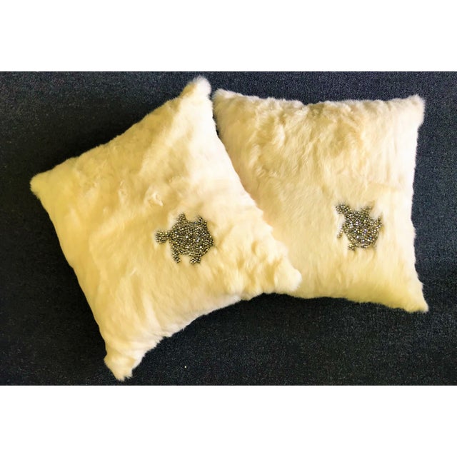 Ankasa White Rabbit Fur Toss Pillows With Rhinestone Turtle