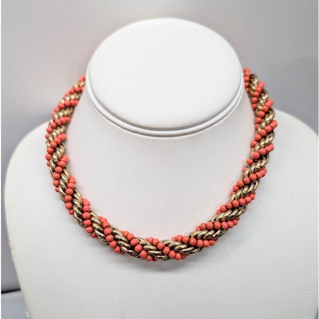 Vintage 1950s Signed Napier Goldtone Spiral Faux-Coral Beaded Collar Necklace For Sale In Philadelphia - Image 6 of 8