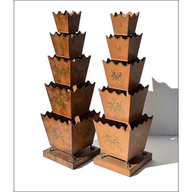 Metal Camard-Dimer Antique French Tin Tole Topiary Cache Pot Stacked Planters - a Pair For Sale - Image 7 of 7