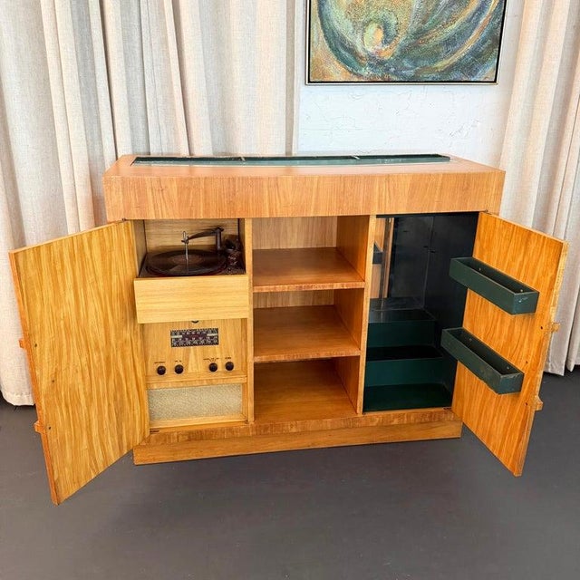 Mid-Century Modern 1940s Art Deco Satinwood Lit Dry Bar Music Entertainment System Cabinet For Sale - Image 3 of 13
