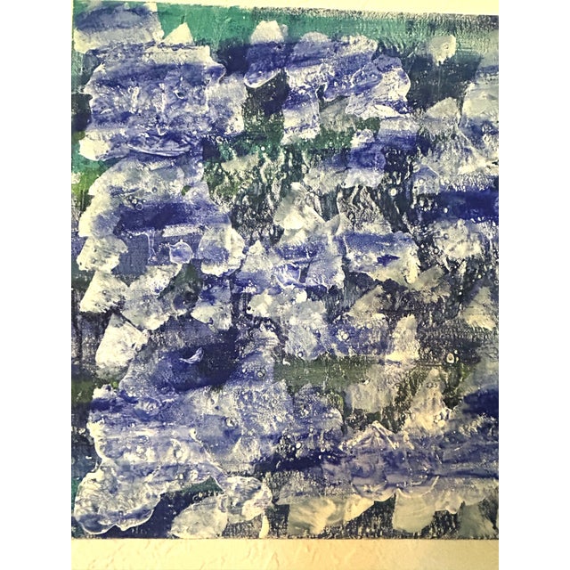 Abstract oil on stretched canvas textured painting in shades of blue, turquoise and white. Unframed with finished sides....