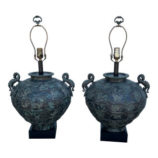 Vintage Asian Bronze Bulbous Table Lamps. - a Pair For Sale