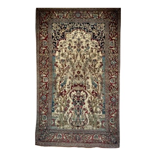 Vintage Persian Tehran Area Rug, Hand-Knotted Wool & Silk, Tree of Life Pattern, Ivory & Burgundy, 5x7 For Sale