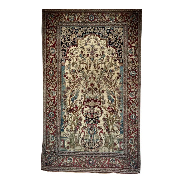 Vintage Persian Tehran Area Rug, Hand-Knotted Wool & Silk, Tree of Life Pattern, Ivory & Burgundy, 5x7 For Sale