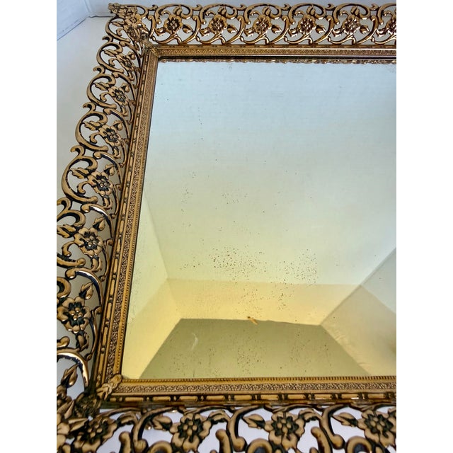 Metal Vintage Hollywood Regency Gilt Filigree Vanity Mirror & Perfume Tray For Sale - Image 7 of 12