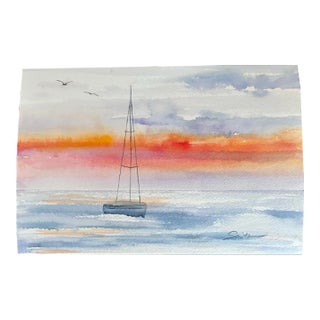 Signed Original Watercolor Seascape Painting “Hot Summer Sail” For Sale