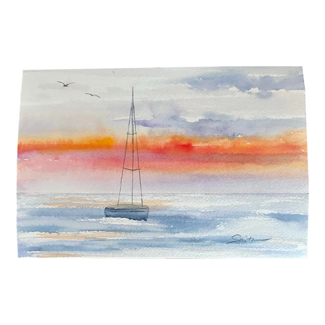 Signed Original Watercolor Seascape Painting “Hot Summer Sail” For Sale