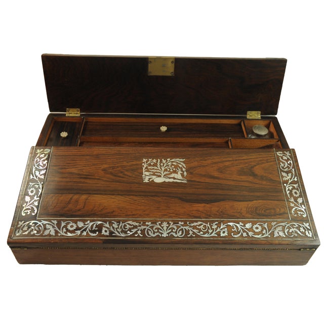 Metal Rosewood Writing Slope with Floral Decor and Inlay, 19th Century, Set of 5 For Sale - Image 7 of 18