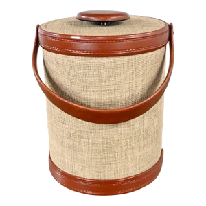 Vintage Modern Tan & Brown Linen-Look Faux Leather Ice Bucket by Kraftware