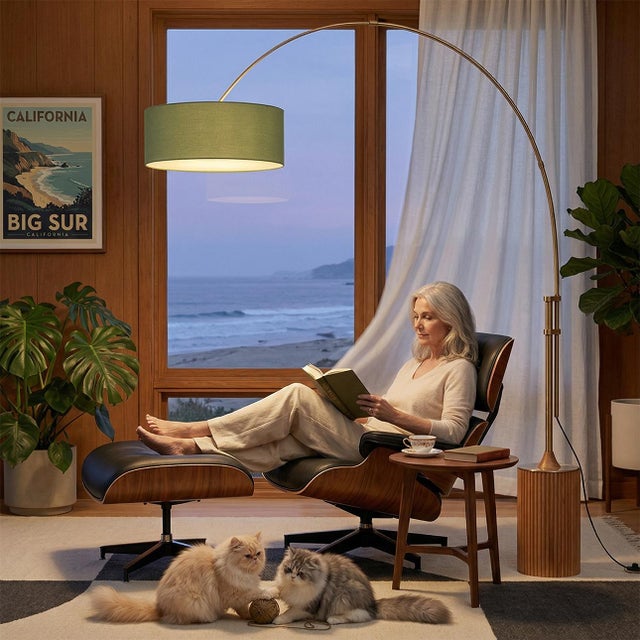 Product Type: Arc Floor Lamp, Brand: Nova of California - 100 Years Legacy, Material: Wood, Steel and Linen - Style: Mid...