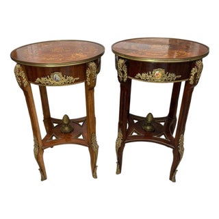Pair Louis XV Revival Marquetry Salon Tables With Porcelain Plaques, C. 1900 For Sale