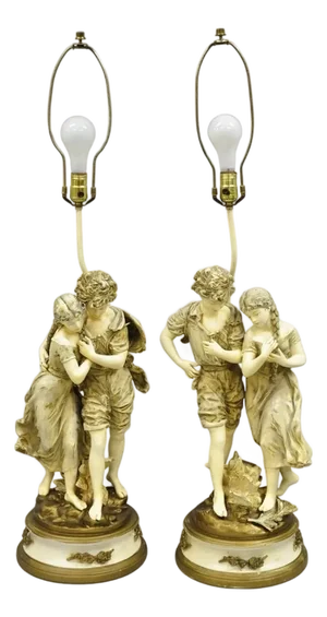 Antique L&f Moreau French Renaissance Large Figural Boy and Girl Table Lamp Pair