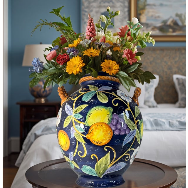 Ceramic Large 16+ In. Villa Bellagio Majolica Orcio Cobalt Blue Fruit Double-Handled Jug Urn Vase For Sale - Image 7 of 18