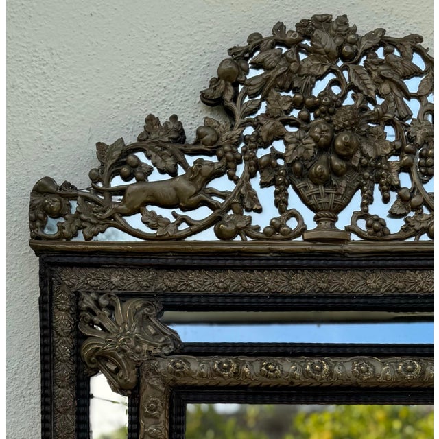 Rustic European Gorgeous Antique Mirror 19th Century Dutch Ebony and Brass Repousse Cushion For Sale - Image 3 of 10
