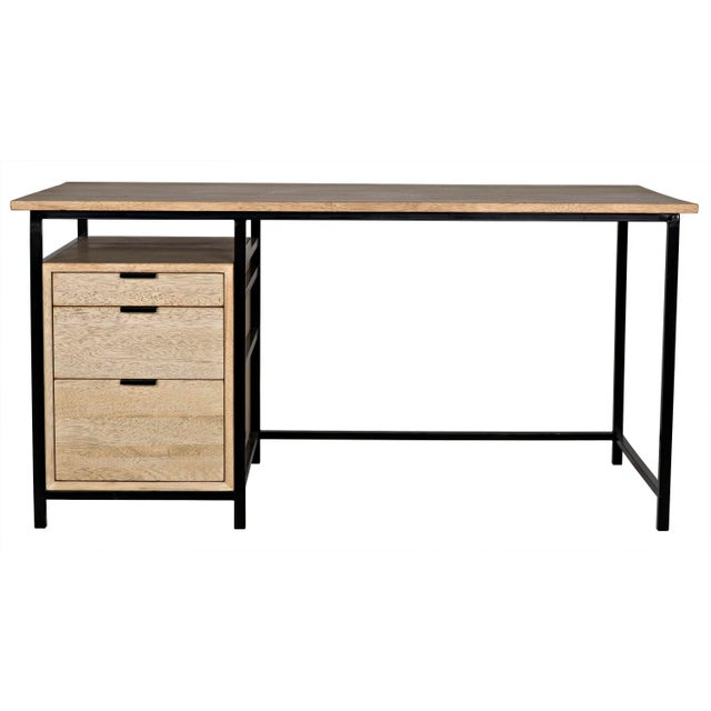 Strips of metal support a sleek, minimalistic walnut desk. Three smoothly opening drawers provide storage, unencumbered by...