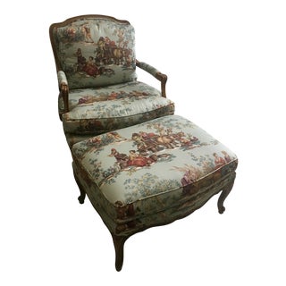 Vintage Baker Provincial French Country "Bergere" Armchair & Ottoman For Sale