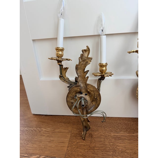 Vintage Gilt Metal Double-Arm Wall Sconces – Louis XV Rococo Style (Pair) For Sale - Image 9 of 12