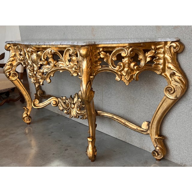 Spanish 19th Baroque Carved & Gilted Walnut Ormolu and Marble Console Table For Sale In Miami - Image 6 of 13