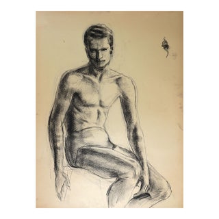 Vintage 1950s Charcoal Seated Male Figure Study Drawing For Sale