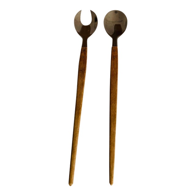 Midcentury Teak & Stainless Salad Utensils S/2 For Sale