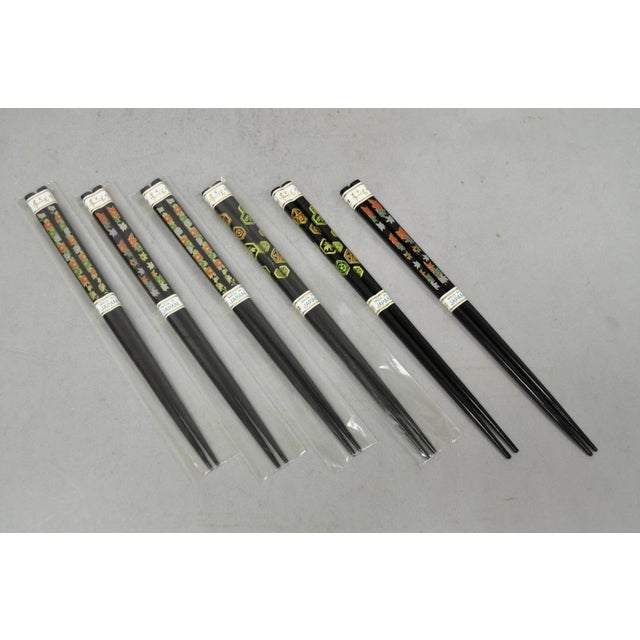 Vintage Japanese Oriental Chopsticks w/ 2 Custom Silk Gold Sleeves - 6 Pc Set. (4) sets still sealed in plastic. (2) do...