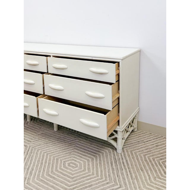 Hollywood Regency Vintage White Rattan 9-Drawer Dresser Old Florida Ficks Reed Style MCM Coastal For Sale - Image 3 of 14