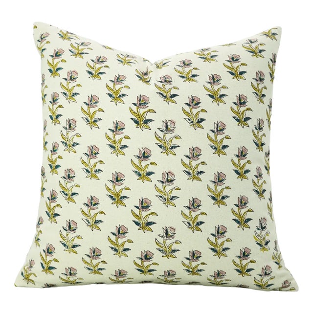 Fabdivine Boho Style Block Printed Pillow Cover 16x16 Inch Duck Canvas-Coastal Tulip For Sale