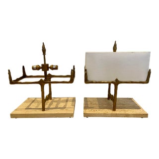 Global Views Ghent Table Lamps Bronze and Travertine - a Pair For Sale