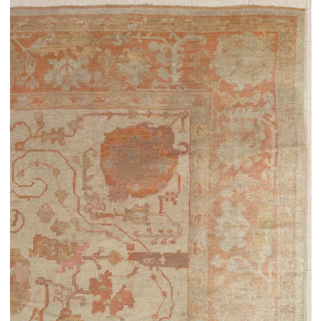 Antique Turkish Oushak Carpet, Handmade Oriental Rug, Beige, Taupe, Shrimp Coral For Sale - Image 11 of 16