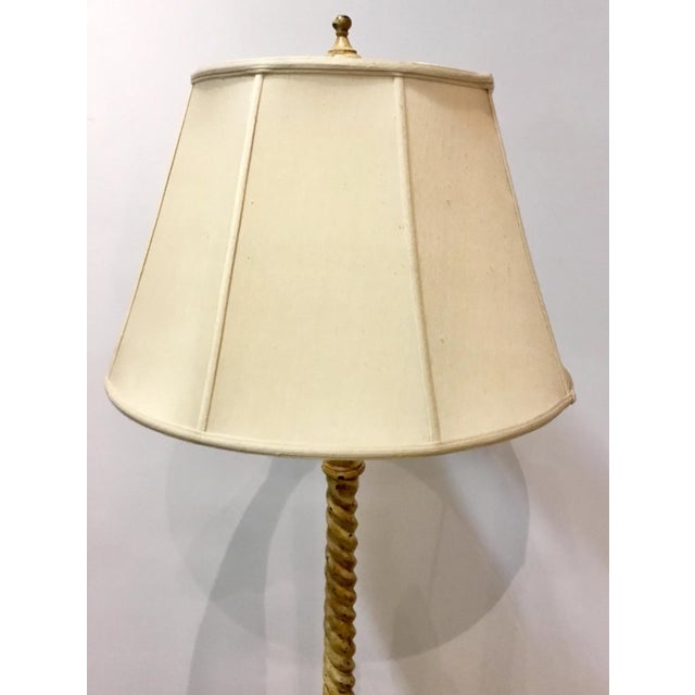 Stylish Transitional Carved Wood Cream Italian Floor Lamp, tapered drum linen lamp shade and marching finial, showroom...