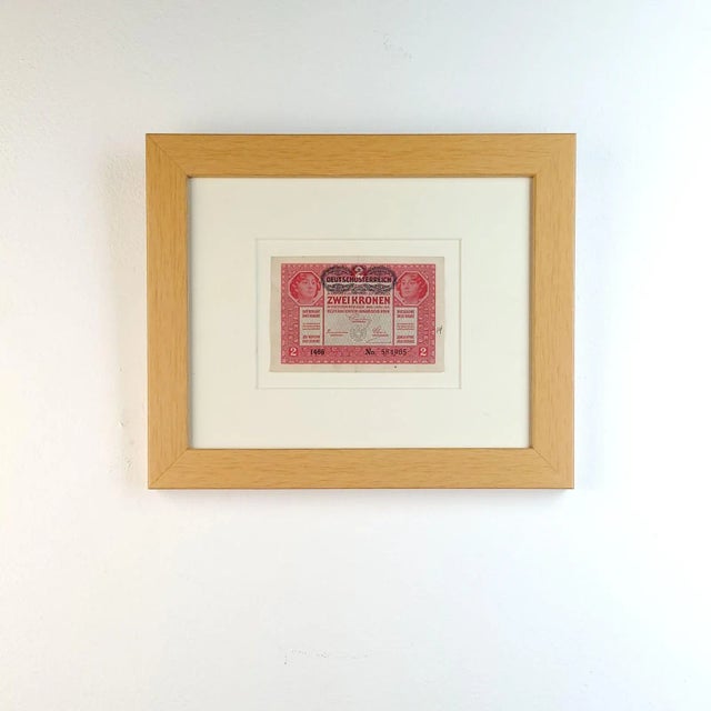 1910s Framed Austro-Hungarian 2-Crown Banknote With "Deutschösterreich" Overstamp, Circa 1917 For Sale - Image 5 of 5
