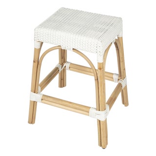 Robias 24.5 in. Seat Height Rectangular Rattan Backless Counter Stool with Footrest, Glossy White/ Natural Rattan Frame For Sale