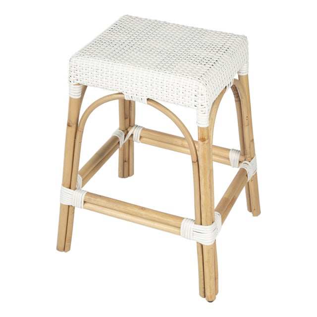 Robias 24.5 in. Seat Height Rectangular Rattan Backless Counter Stool with Footrest, Glossy White/ Natural Rattan Frame For Sale