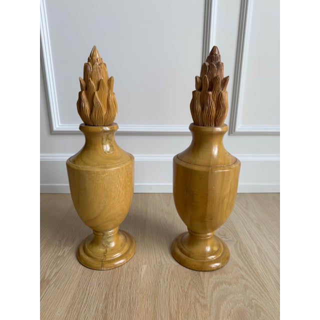 1970s 1970s Pair of Handcrafted Turned Wood Urns With Hand-Carved Flame Finials, Sculptural Organic Modern Decorative Objects For Sale - Image 5 of 12