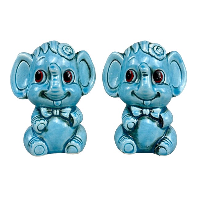 Vintage Japan Porcelain Blue Elephant Salt & Pepper Shakers - a Pair For Sale