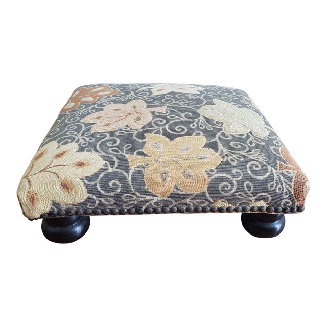 Late 20th Century English Ebonized & Upholstered Footstool With NailHead Trims For Sale