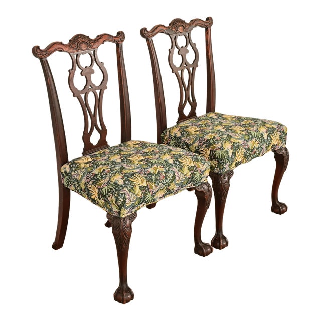 Romweber Antique Chippendale Carved Mahogany Side Chairs or Dining Chairs, Pair For Sale