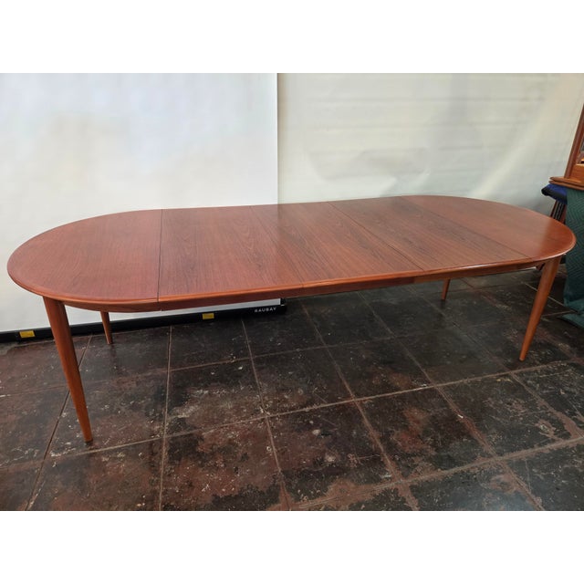 Mid- Century Danish Modern Teak Dining Table Round Opens Oval 105 Inches With 3 Leaves For Sale - Image 12 of 18