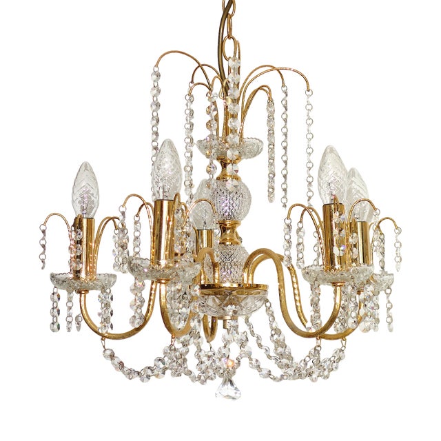 Vintage Brass and Lead Crystal Chandelier from Preico, 1980s For Sale