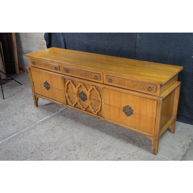 Mid Century Chinoiserie Walnut Burl Triple Dresser & Mirror Credenza Buffet MCM For Sale - Image 4 of 13