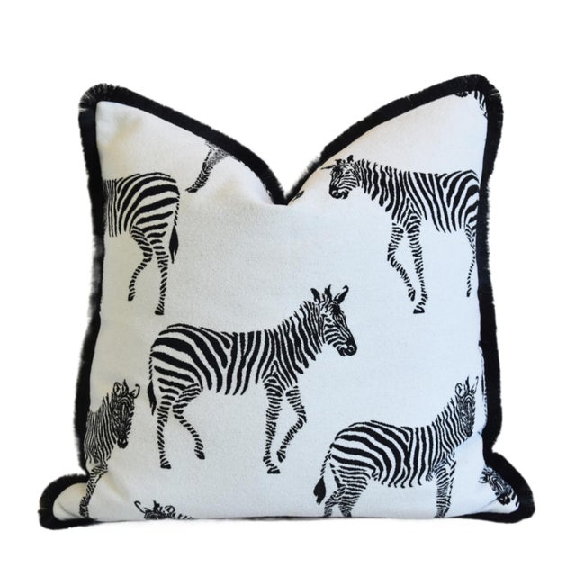 Velvety Chenille Zebra Feather/Down Pillow W/ Fancy Brush Fringe Trim 19” Square For Sale In Los Angeles - Image 6 of 8