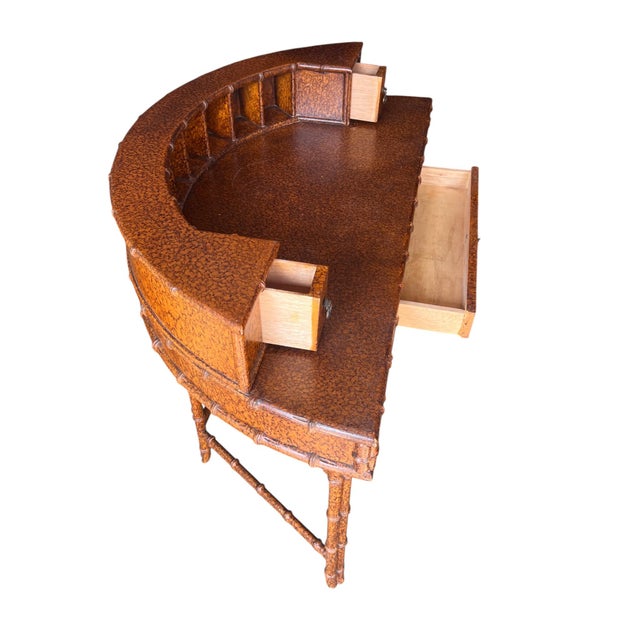 Vintage Faux Bamboo Tortoise Finish Rattan-Style Writing Desk With Gallery Back and Storage Drawers For Sale - Image 12 of 15