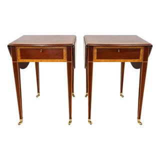 Pair of Mahogany Inlay Pembroke Drop Leaf End Tables For Sale