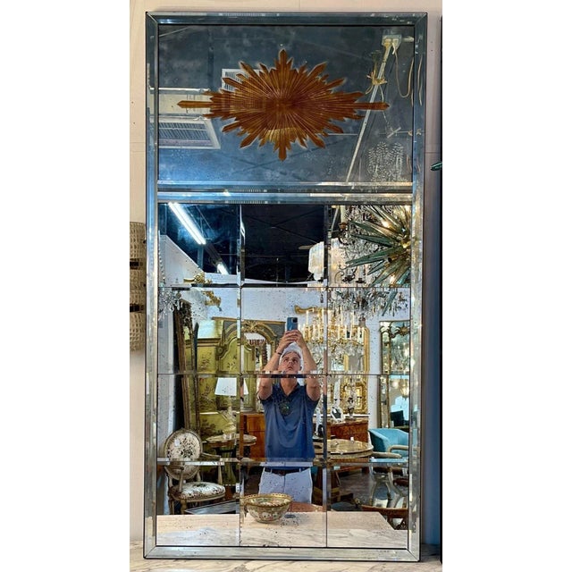 Glass Pair of Jansen Style Eglomise Sunburst Trumeau Mirrors With Beveled Glass For Sale - Image 7 of 7