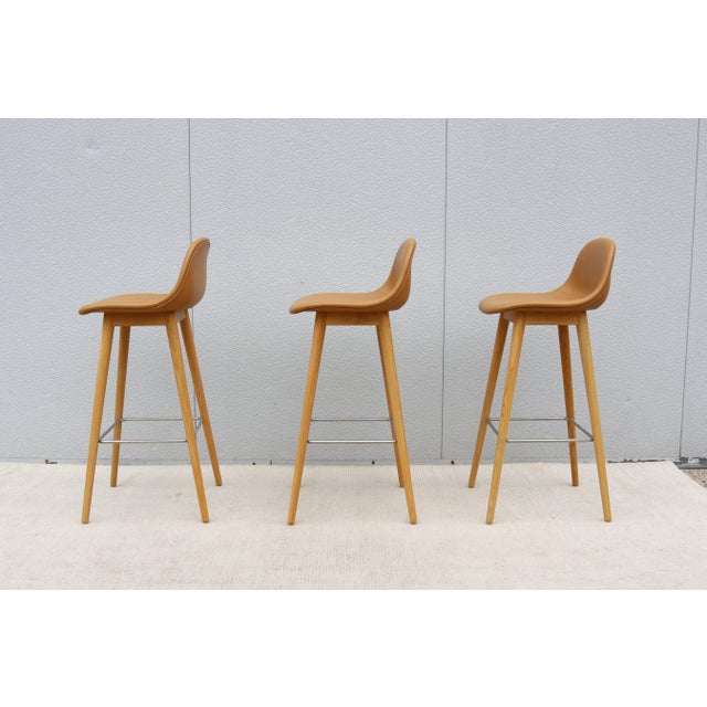 Danish Iskos-Berlin for Muuto Brown Leather Fiber Bar Stools Oak Base - Set of 3 For Sale - Image 12 of 18