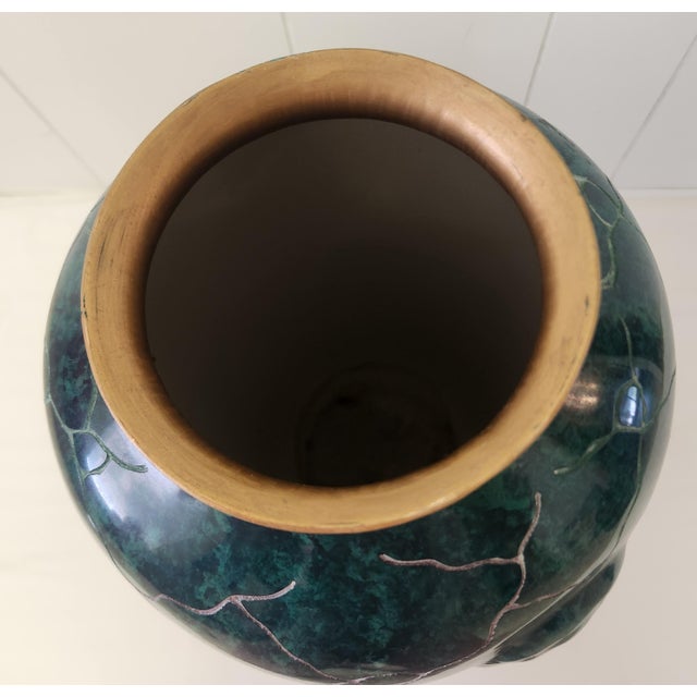 1980s Pair Large Postmodern Vintage Green and Gold Floor Vases For Sale - Image 5 of 13