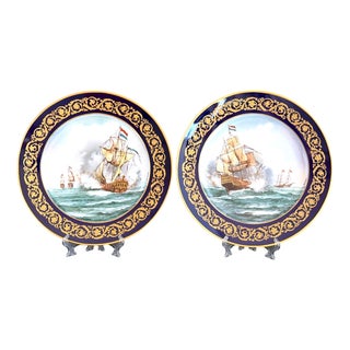Vintage Hand-Painted Naval Battle Plates by Semone, 1920s, Set of 2 For Sale