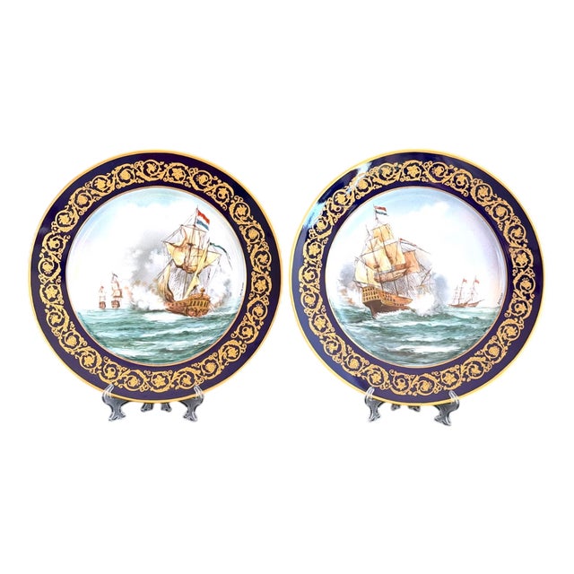 Vintage Hand-Painted Naval Battle Plates by Semone, 1920s, Set of 2 For Sale