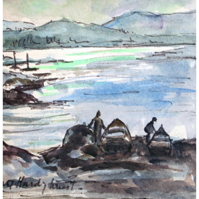 American Fishing Boats at Shore, 1940's Alaskan Seascape Watercolor For Sale - Image 3 of 4