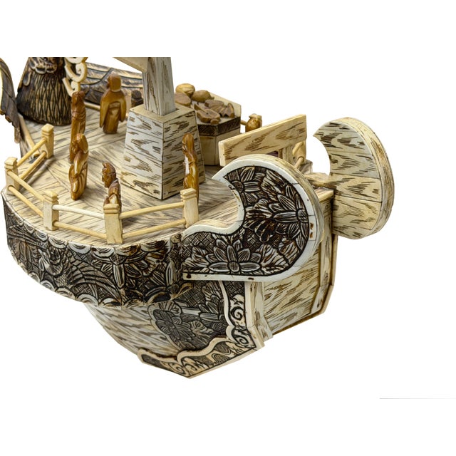 Vintage Asian Cream Bone Inset Treasure Ship Display Art Figure For Sale - Image 15 of 16